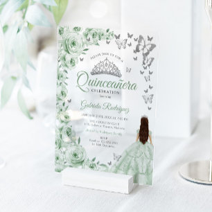 Invitations En Acrylique Vert sauge argent floral Quinceanera
