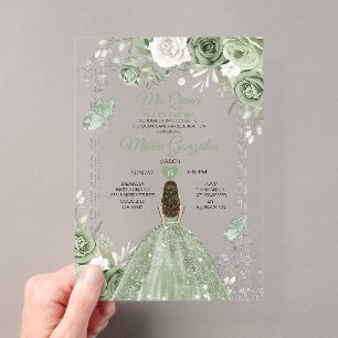 Invitations En Acrylique Vert sauge argent Mis Quince 15 Ans Papillon