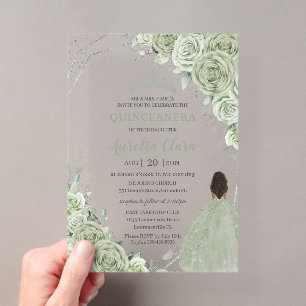 Invitations En Acrylique Vert sauge floral marron fille argent 15 Quinceañe