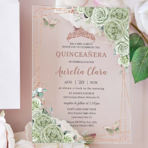 Invitations En Acrylique Vert sauge floral rose or Quinceañera anniversaire