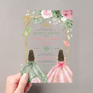 Invitations En Acrylique Vert Sauge Or Et Rose Twin Quinceañera