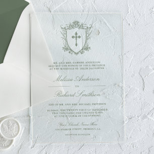 Invitations En Acrylique Vert sauge victorien mariage catholique