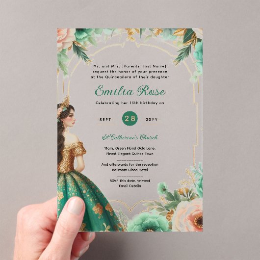 Invitations En Acrylique Verte or Quinceañera Emerald Robe Mis Quince (In situ (ordinateur de poche))