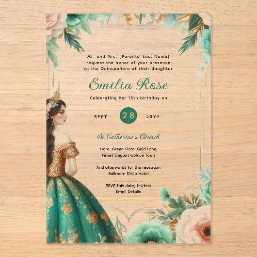 Invitations En Acrylique Verte or Quinceañera Emerald Robe Mis Quince (Recto)