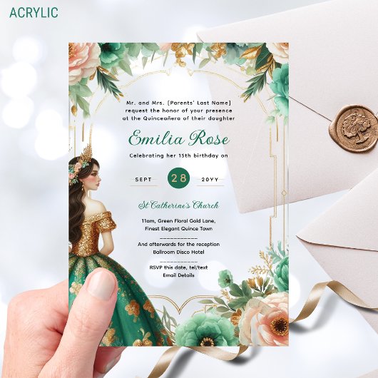 Invitations En Acrylique Verte or Quinceañera Emerald Robe Mis Quince
