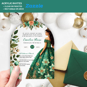 Invitations En Acrylique Verte or Quinceañera Emerald Robe Mis Quince
