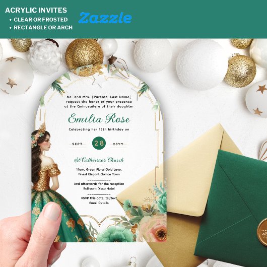 Invitations En Acrylique Verte or Quinceañera Emerald Robe Mis Quince