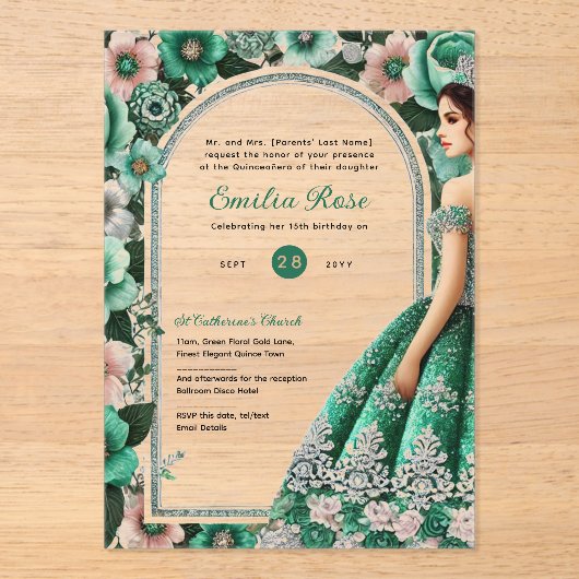 Invitations En Acrylique Verte Silver Quinceañera Emerald Robe Mis Quince (Recto)