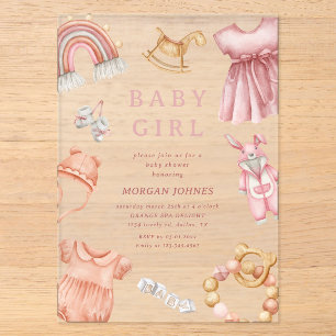 Invitations En Acrylique Vêtements Bohème Fille pour Baby Shower
