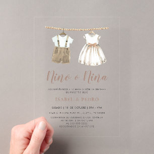 Invitations En Acrylique Vêtements de bébé neutres Révélation de sexe espag