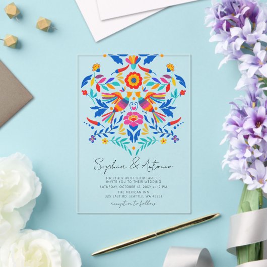 Invitations En Acrylique Vibrant Oiseaux mexicains Otomi Floral Fiesta Mari (Insitu (Mariage))