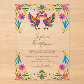 Invitations En Acrylique Vibrant Oiseaux mexicains Otomi Floral Fiesta Mari (Recto)
