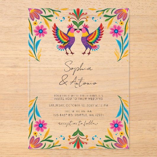 Invitations En Acrylique Vibrant Oiseaux mexicains Otomi Floral Fiesta Mari (Recto)