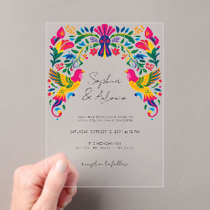 Invitations En Acrylique Vibrant Oiseaux mexicains Otomi Floral Fiesta Mari