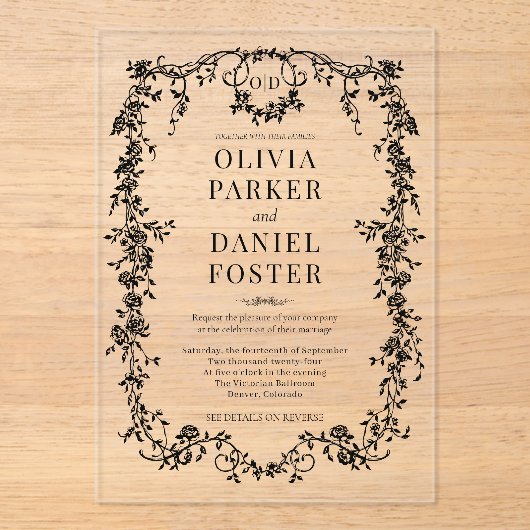 Invitations En Acrylique Victorian Black Wedding Monogram (Recto)
