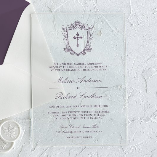 Invitations En Acrylique Victorian Dusty violet Mariage catholique