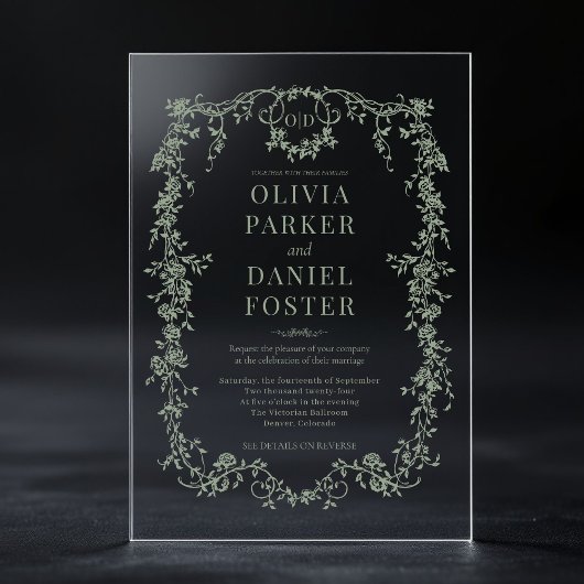 Invitations En Acrylique Victorian Sage Green Wedding Monogram