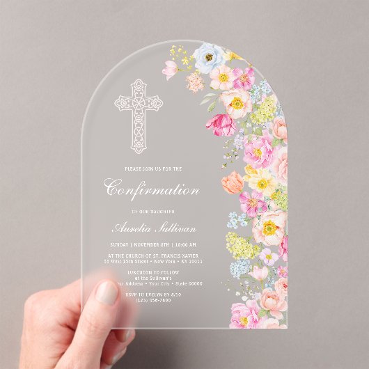 Invitations En Acrylique Vifs Fleurs Pastel Arc Confirmation (In situ (ordinateur de poche))