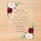 Invitations En Acrylique Vin de Bourgogne et Mariage floral (Recto)