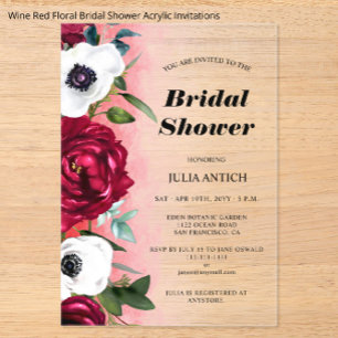 Invitations En Acrylique Vin Fête des mariées Florale Rouge