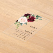 Invitations En Acrylique Vin rouge Bourgogne et Mariage floral (Poser)