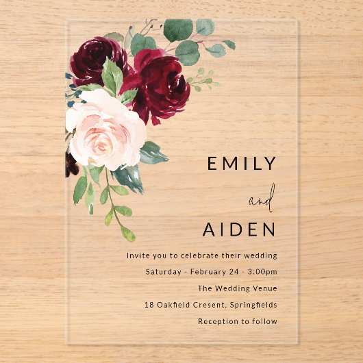 Invitations En Acrylique Vin rouge Bourgogne et Mariage floral (Recto)