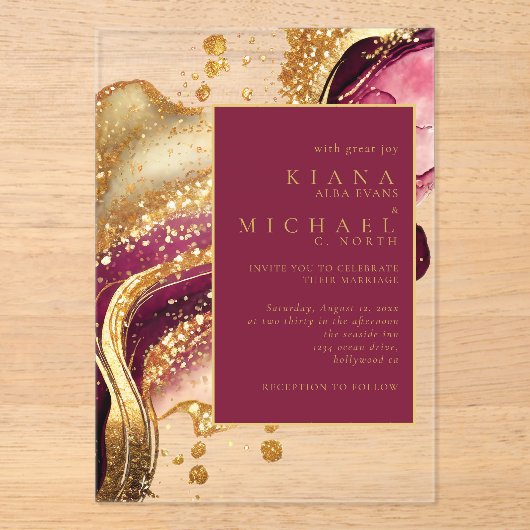 Invitations En Acrylique Vin rouge Mariage Abstrait Sparkling ID1018 (Recto)