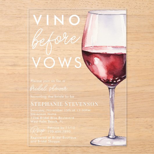 Invitations En Acrylique Vino Simple Élégant Avant Vows Vine Fête des marié (Recto)