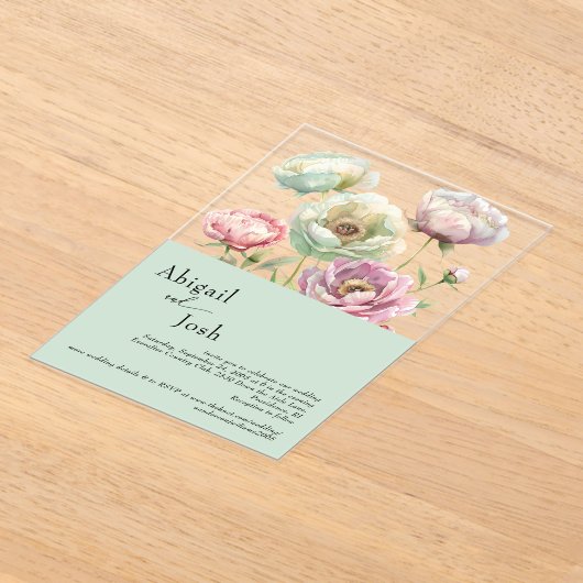Invitations En Acrylique Vintage Aquarelle Peonies Sage Mariage (Poser)