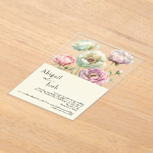 Invitations En Acrylique Vintage Aquarelle pivoines Mariage moderne