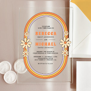 Invitations En Acrylique Vintage les années 70 rétro coloré Super Mariage d