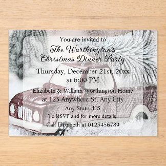 Invitations En Acrylique Vintage Red Truck with Christmas Tree drawing