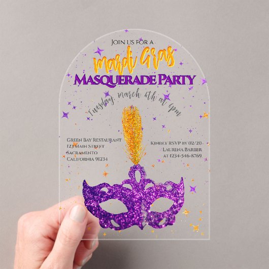 Invitations En Acrylique Violet et orange étincelles Masque Mardi Gras Part (In situ (ordinateur de poche))