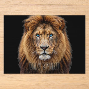 Invitations En Acrylique Visage majestueux de lion aux yeux bleus Faune A