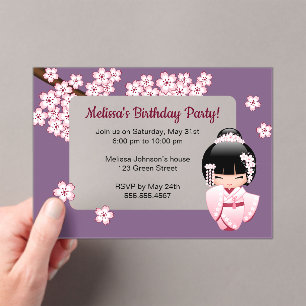 Invitations En Acrylique Vitre transparente rose Kokeshi Anniversaire viole