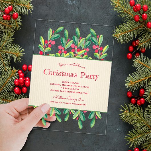 Invitations En Acrylique Watercolor Berries and Branches Christmas