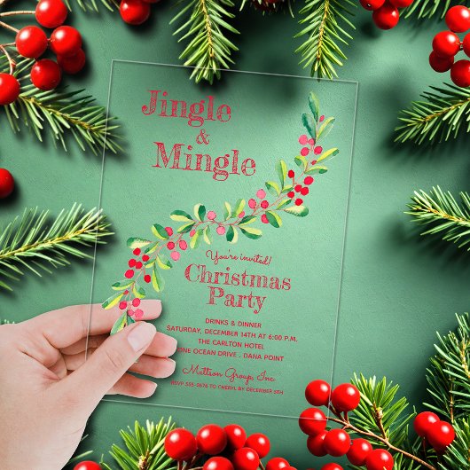 Invitations En Acrylique Watercolor Berries Greenery Christmas