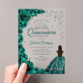 Invitations En Acrylique Watercolor Emerald Green Roses Silver Quinceanera (In situ (ordinateur de poche))