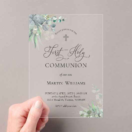 Invitations En Acrylique watercolor greenery foliage | First Communion (In situ (ordinateur de poche))