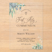 Invitations En Acrylique watercolor greenery foliage | First Communion  (Recto)