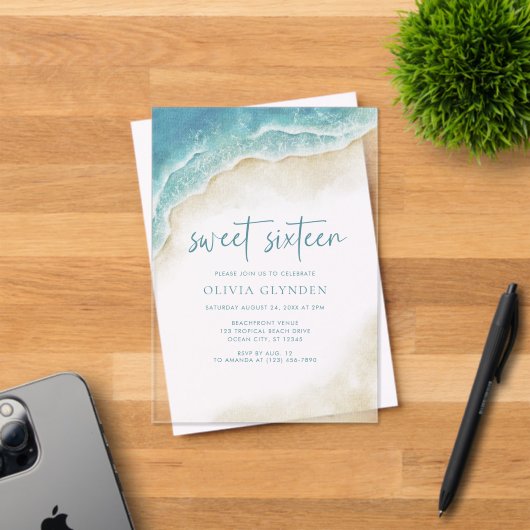 Invitations En Acrylique Watercolor Ocean Beach Sweet sixteen côtier (Insitu (Carte d'invitation))