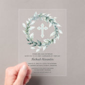 Invitations En Acrylique Watercolor Wreath Croix Bleue Première communion (In situ (ordinateur de poche))