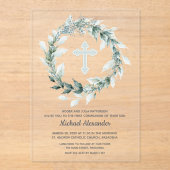 Invitations En Acrylique Watercolor Wreath Croix Bleue Première communion (Recto)