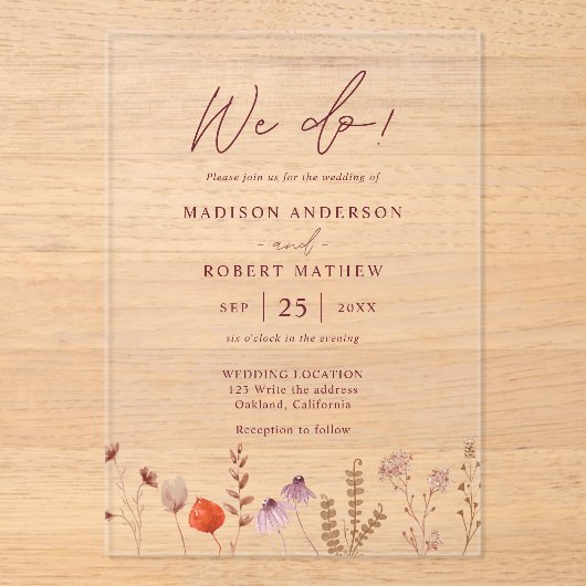Invitations En Acrylique We Do! Boho Botanical Rustic Wildflower Wedding (Recto)