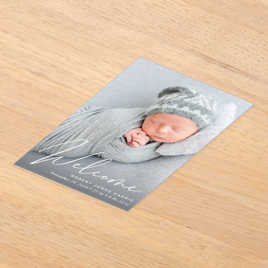 Invitations En Acrylique Welcome Photo Script Acrylic Birth Announcement (Poser)