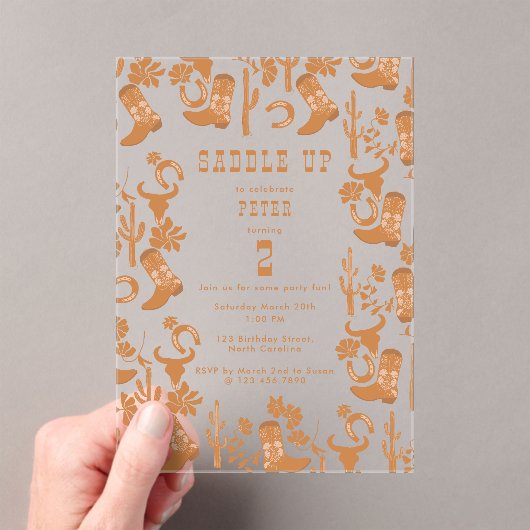 Invitations En Acrylique Western Country Cowboy Bottes Saddup Anniversaire (In situ (ordinateur de poche))