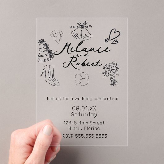 Invitations En Acrylique Whimiscal Cute Doodles Black White Wedding (In situ (ordinateur de poche))