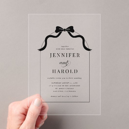 Invitations En Acrylique Whimsical Black Bow Français tout en un Mariage d' (In situ (ordinateur de poche))