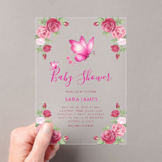 Invitations En Acrylique Whimsical Butterfly & Rose Baby Shower