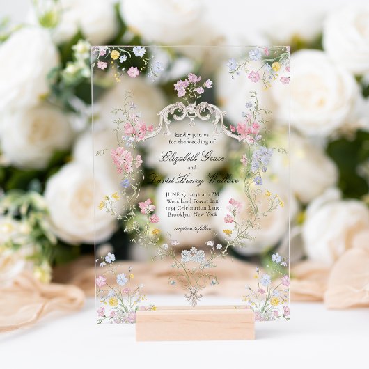 Invitations En Acrylique Whimsical Elegant Rococo Floral Crest Wedding